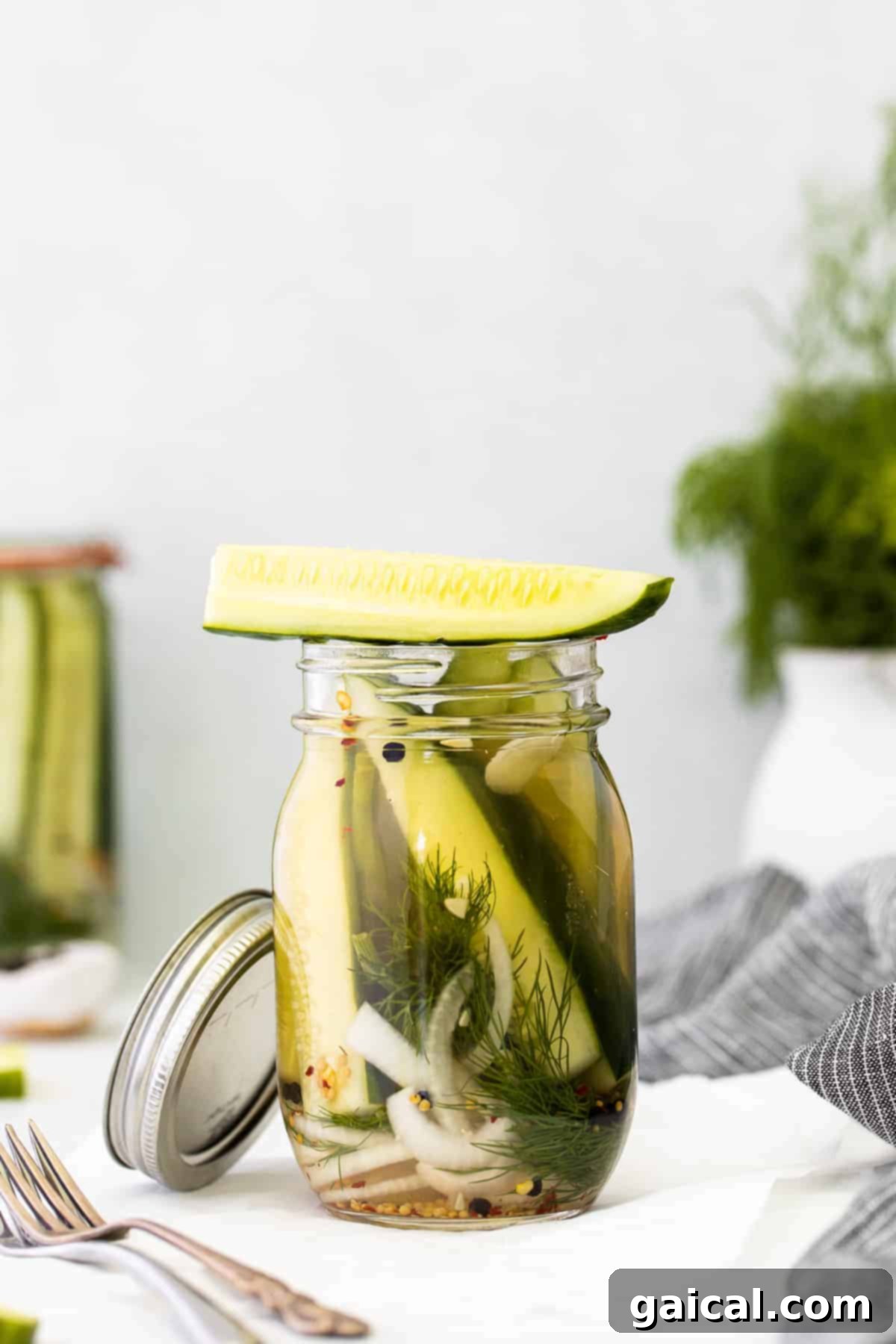 A freshly made refrigerator pickle resting on the rim of its mason jar, glistening with brine.