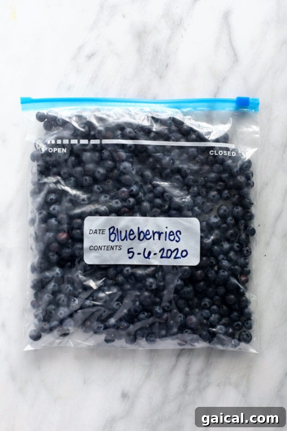 How to freeze blueberries for long-term storage and delicious recipes. A bag filled with perfectly frozen blueberries, ready for long-term storage and use in various recipes.