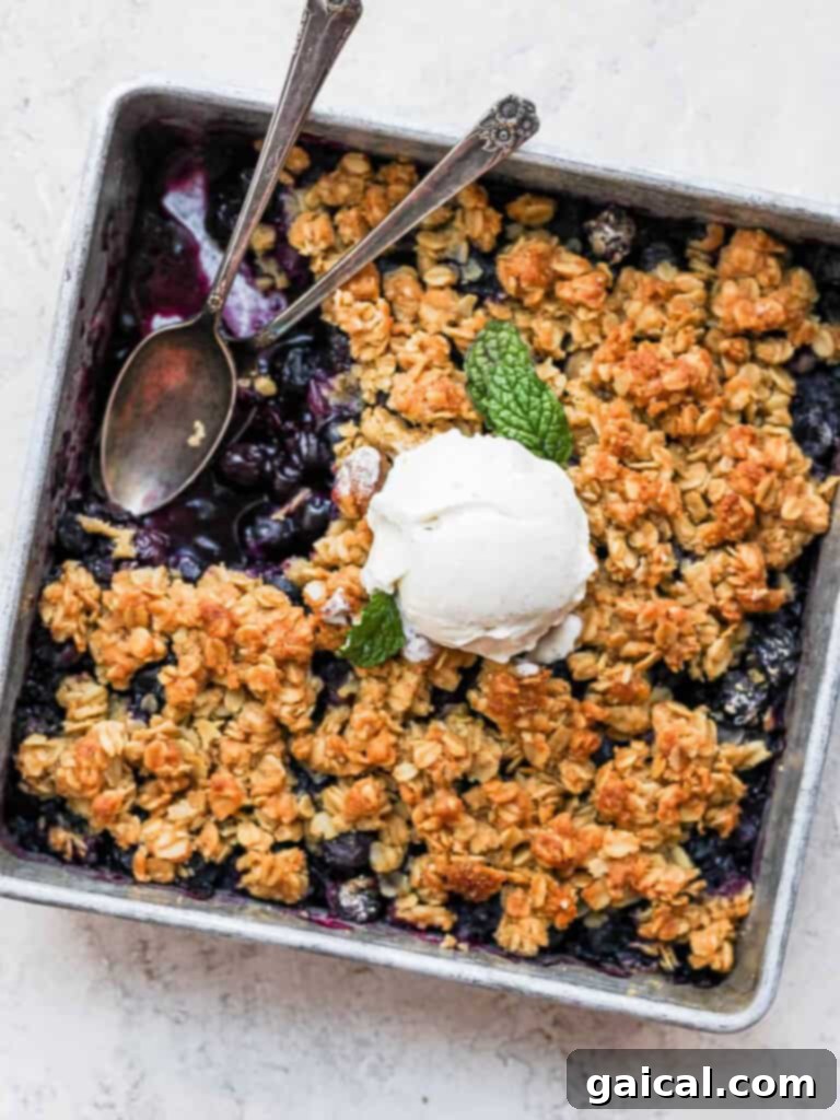 Your Guide to Freezing Blueberries 3 A warm, bubbling blueberry crisp, served fresh with a golden-brown crumble topping.