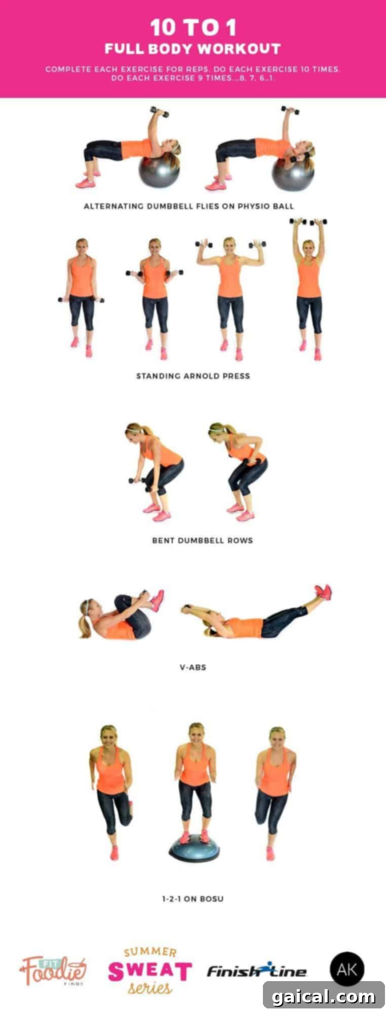 Summer Sweatdown Full Body 10-1 Challenge 2 Do this 10 to 1 full body workout that focuses on strength training and is circuit based! By the end you'll be dripping with sweat! Sponsored by Finish Line as part of the #SummerSWEATSeries.