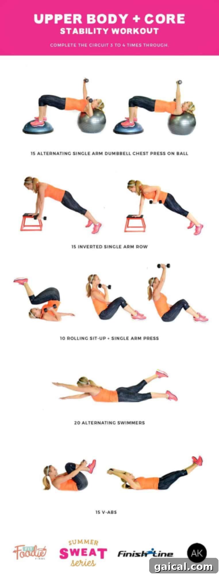 Dynamic stability workout combining upper body strength and core exercises. A challenging routine to strengthen your midsection and improve overall fitness, featuring dumbbells, physio ball, and bosu ball. Part of the #SummerSWEATSeries.