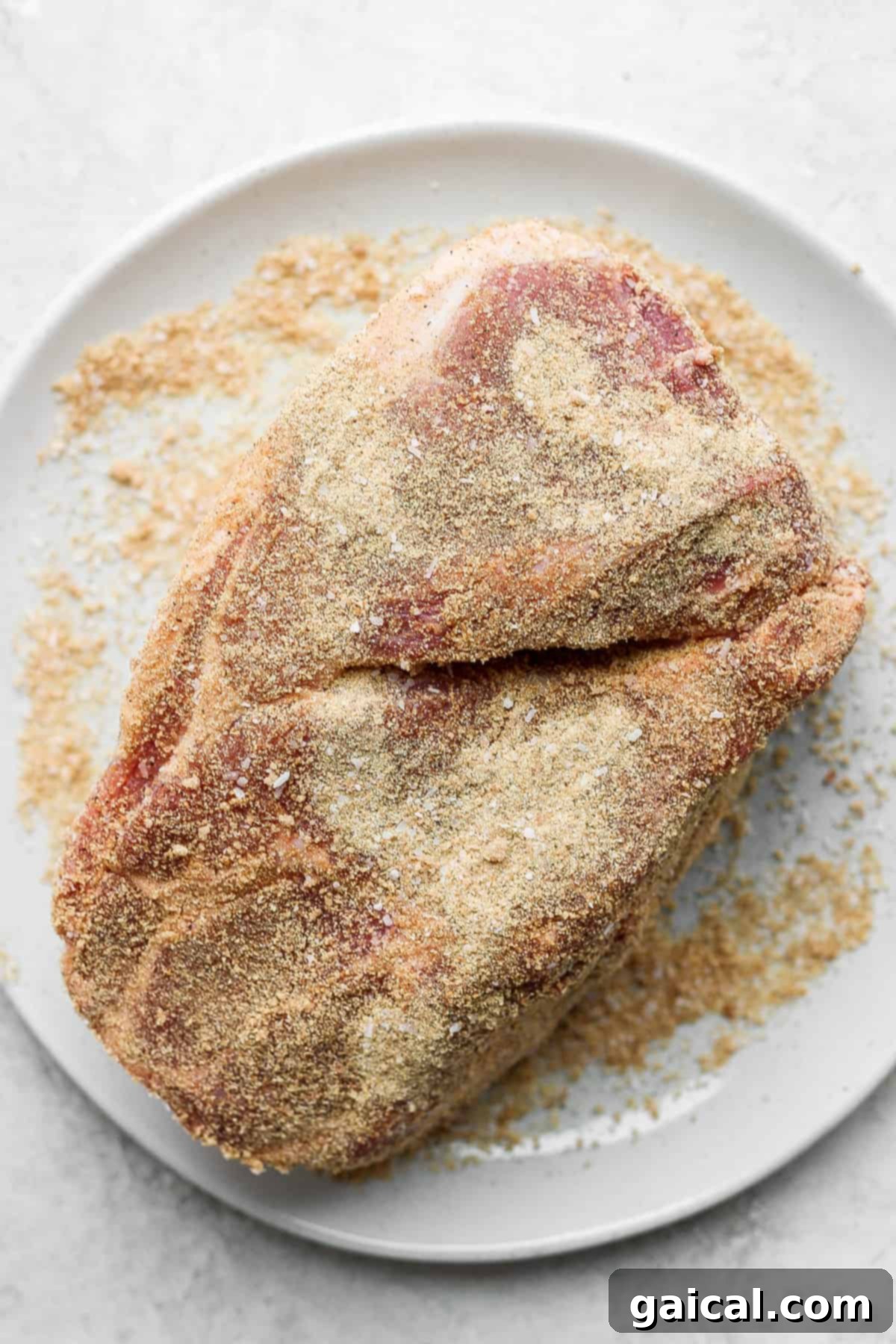 A boneless pork shoulder roast generously coated with a savory, dark dry rub, waiting to be seared.