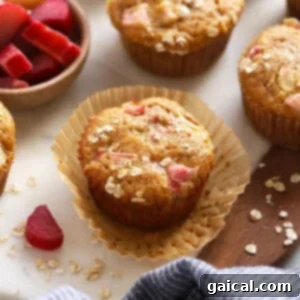 Rhubarb muffin in a muffin liner.
