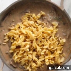 A skillet filled with beef stroganoff.