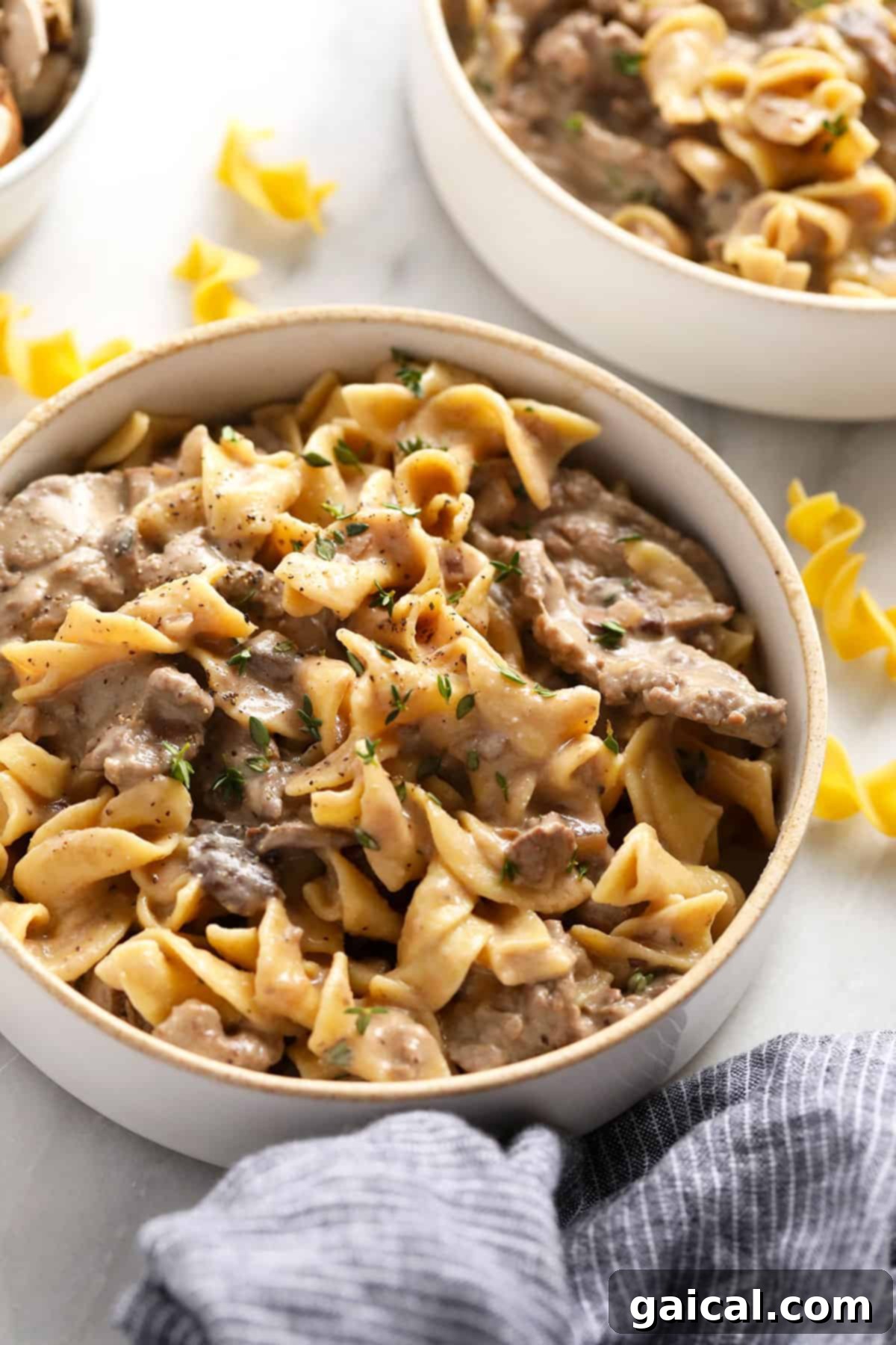 Simple Weeknight Beef Stroganoff 8 A bowl of classic beef stroganoff, perfectly plated and ready to be enjoyed.