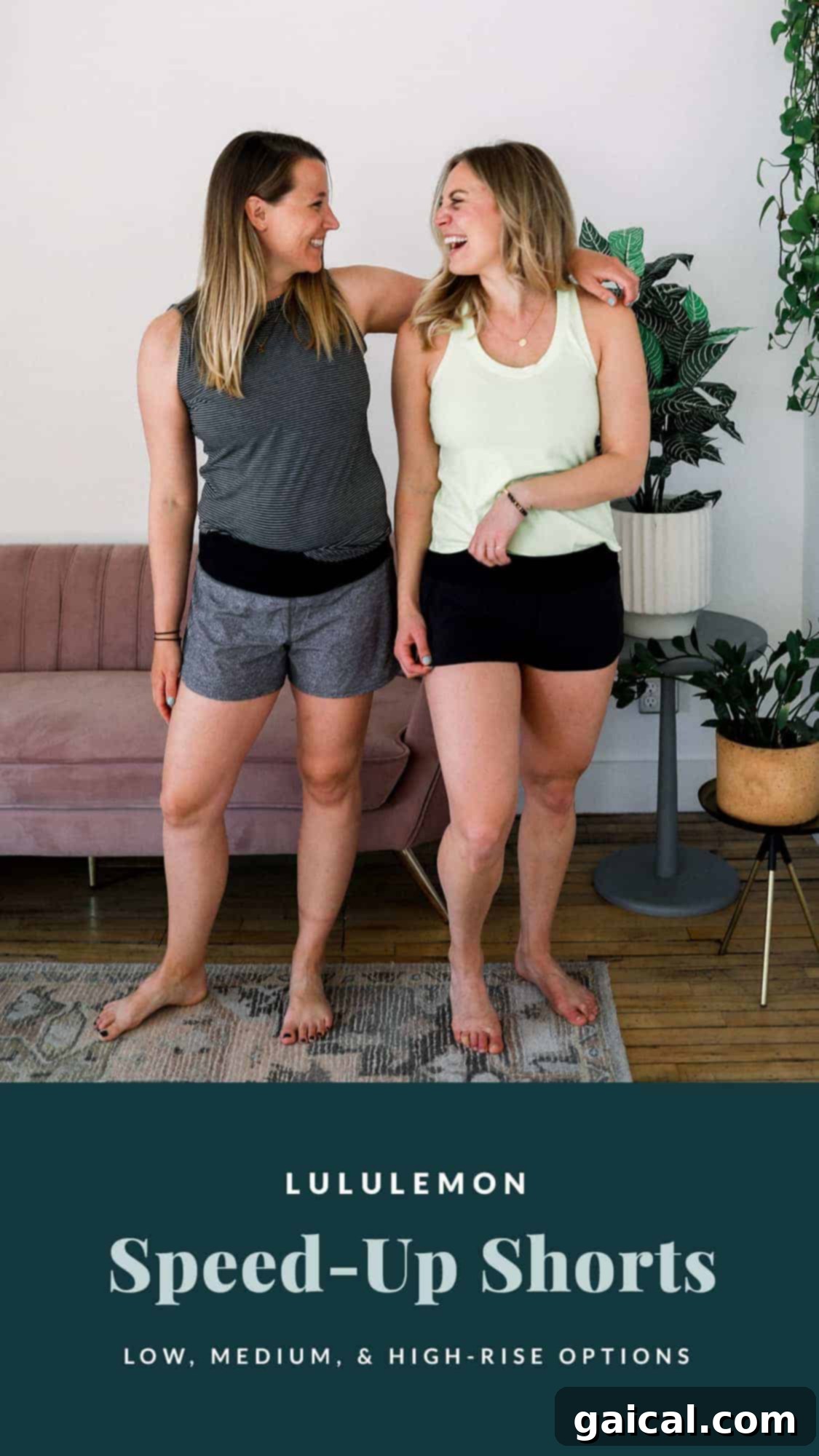Lee and Emily confidently posing in their Lululemon Speed Up Shorts, demonstrating the versatile fit and design for active women.
