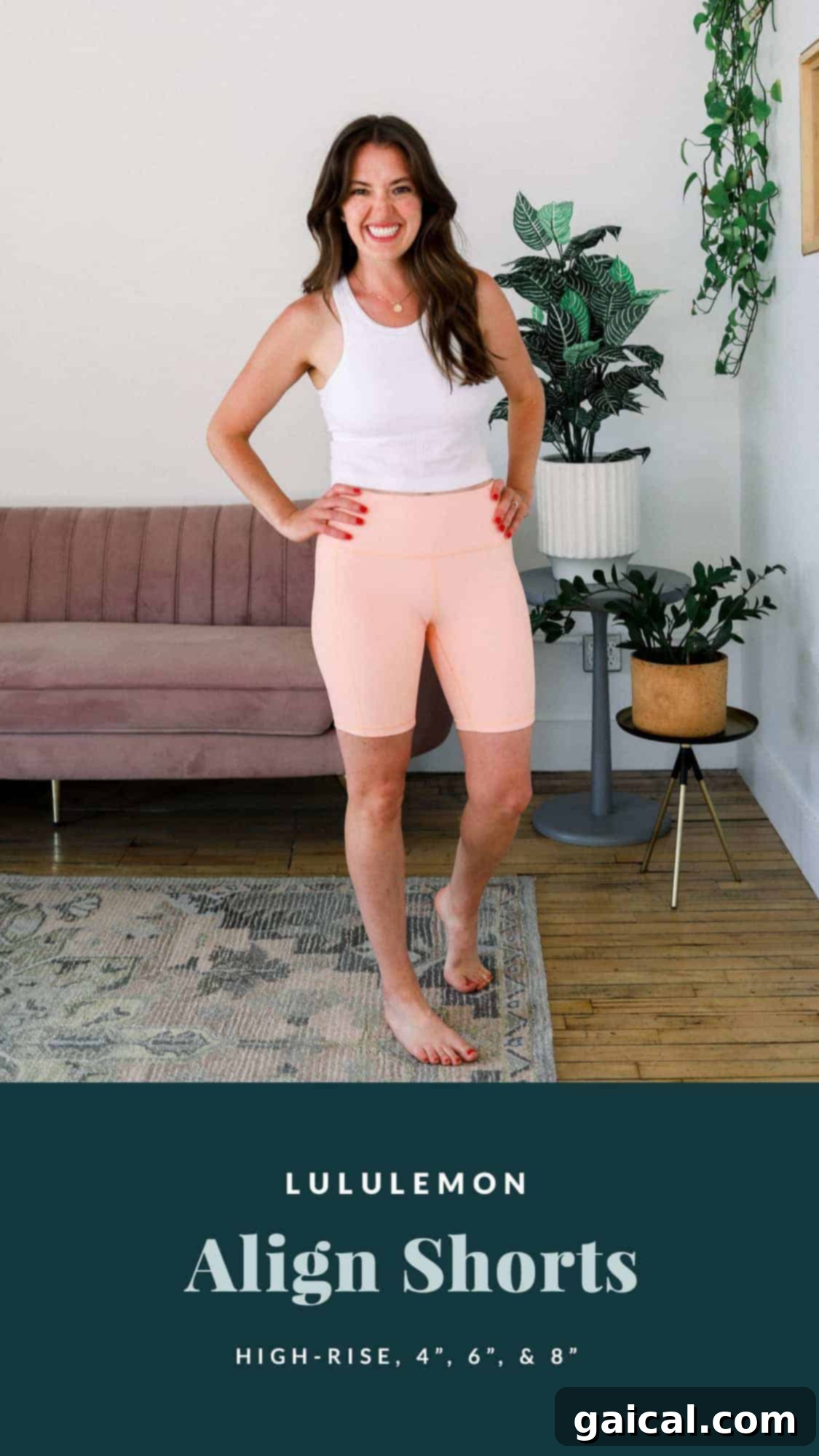 Linley demonstrating the buttery soft comfort of Lululemon Align Shorts in a lovely peach color, ideal for yoga and everyday wear.