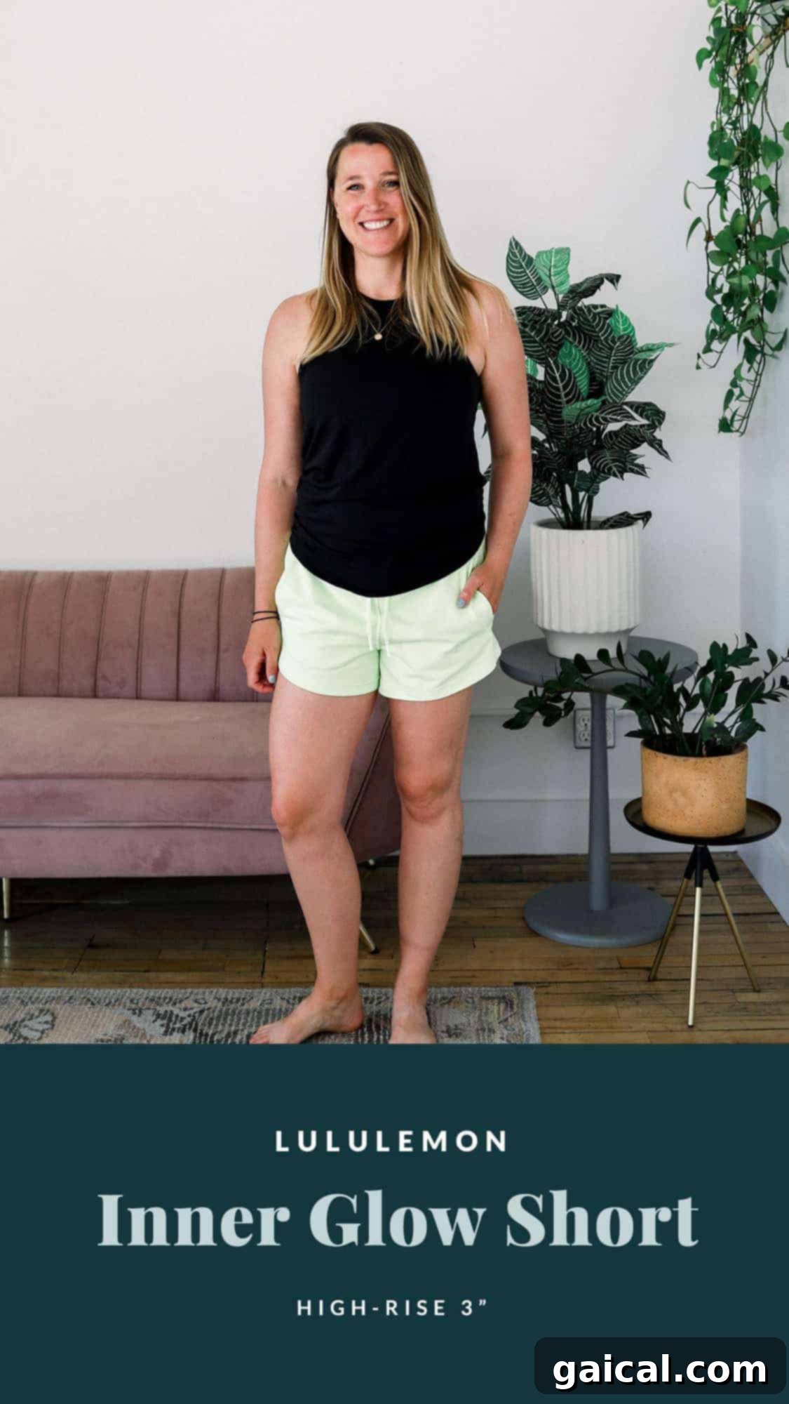Emily looking comfortable and relaxed in her Lululemon Inner Glow Shorts, highlighting their soft fabric and practical design for lounging.