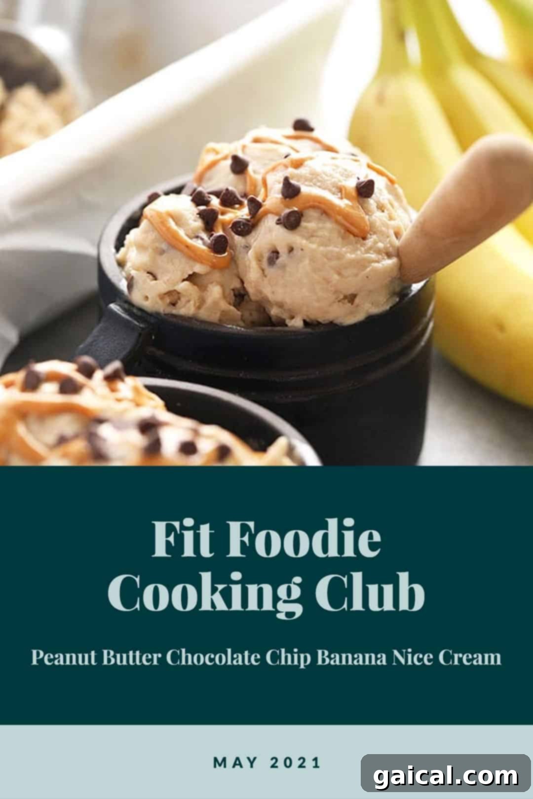 Fit Foodie Favorite: Peanut Butter Chocolate Chip Banana Nice Cream Delicious Peanut Butter Chocolate Chip Banana Nice Cream in a bowl, topped with extra chocolate chips and a spoon.