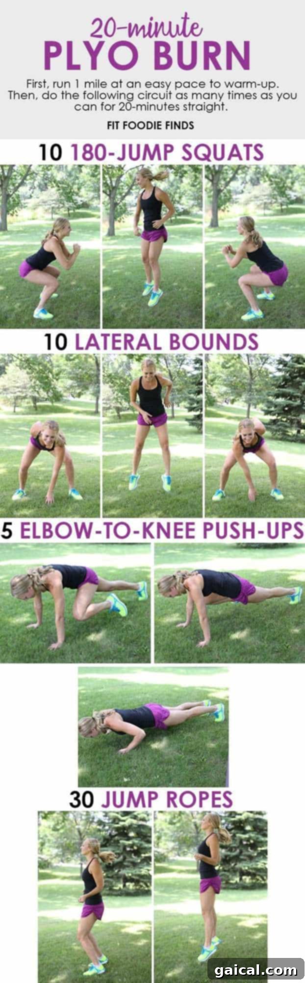 20-Minute Plyo Burn: Finish Line Fortitude 5 This 20-minute plyo workout combines high intensity movements with a circuit style workout that will keep you engaged and sweating your butt off!