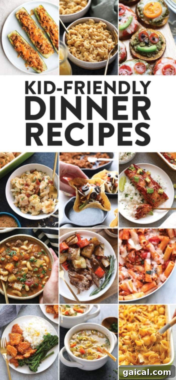 Nutritious and Delicious Dinners Kids Will Love 2 A vibrant collage of various healthy kid-friendly dinner recipes, showcasing diverse dishes like tacos, pasta, and casseroles, perfect for family meals.