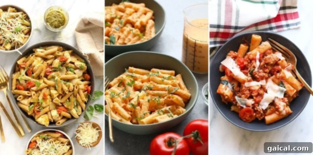 Pasta makes a great weeknight dinner that kids GOBBLE up. Healthy pasta recipes are a meal that kids recognize, love, and won't get sick of. Our pasta recipes are packed with protein AND vegetables. They are a great balanced dinner for the whole family! Various healthy pasta recipes that are kid-friendly, including pesto chicken pasta and creamy tomato basil pasta.