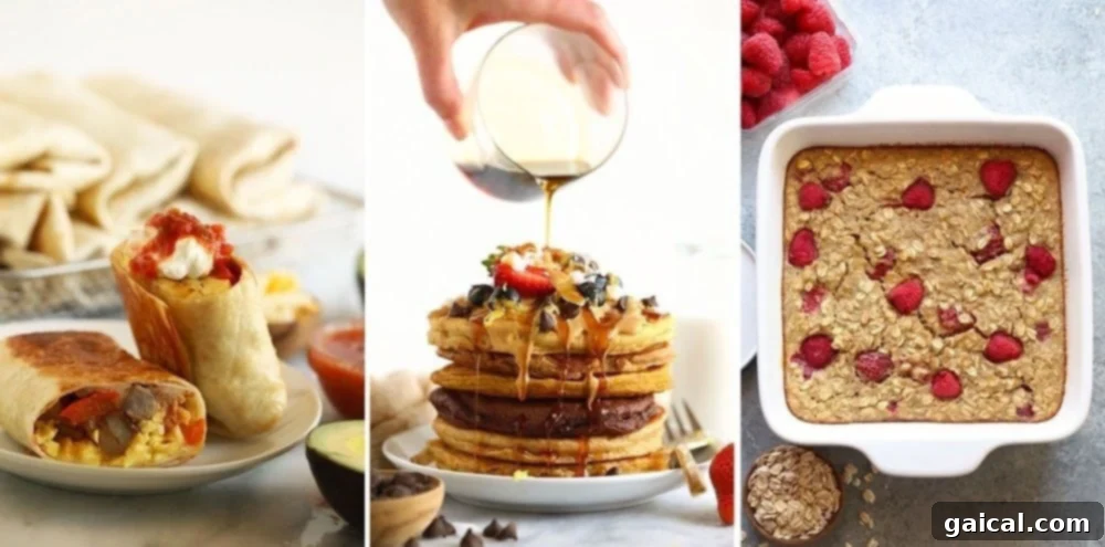 What gets kids more excited than a surprise for dinner? Mix things up and have brinner (breakfast for dinner)! Pancakes, frittata, oatmeal, and more! As long as it's a balanced meal, it works! A collage of healthy breakfast-for-dinner recipes, featuring pancakes, breakfast burritos, and baked oatmeal.