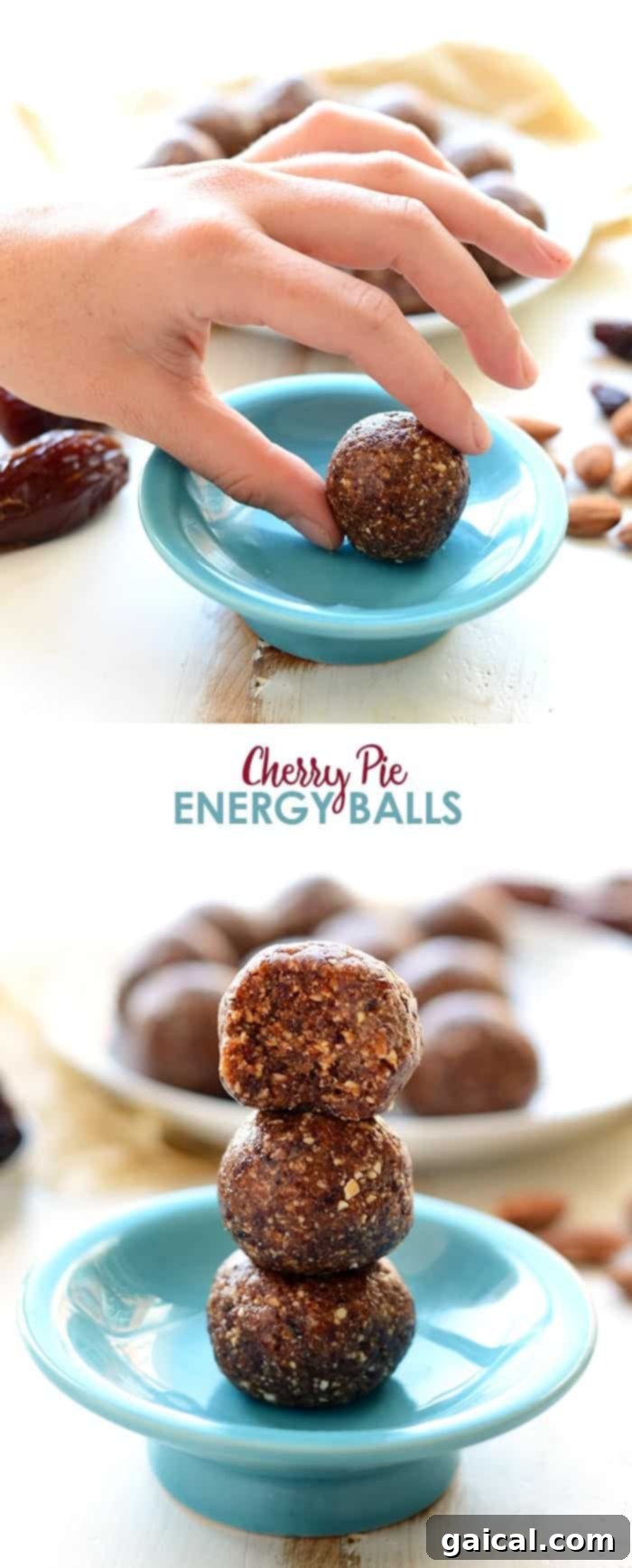 A close-up shot of a single Cherry Pie Energy Ball with a vibrant red cherry inside, emphasizing the wholesome ingredients.