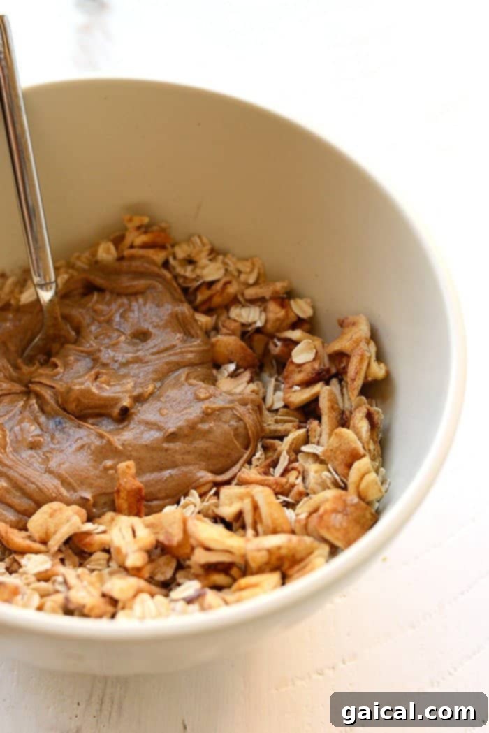 Individual ingredients for Apple Chai Energy Balls, including rolled oats, finely chopped dried apples, and various chai spices, beautifully displayed in a mixing bowl before combining.