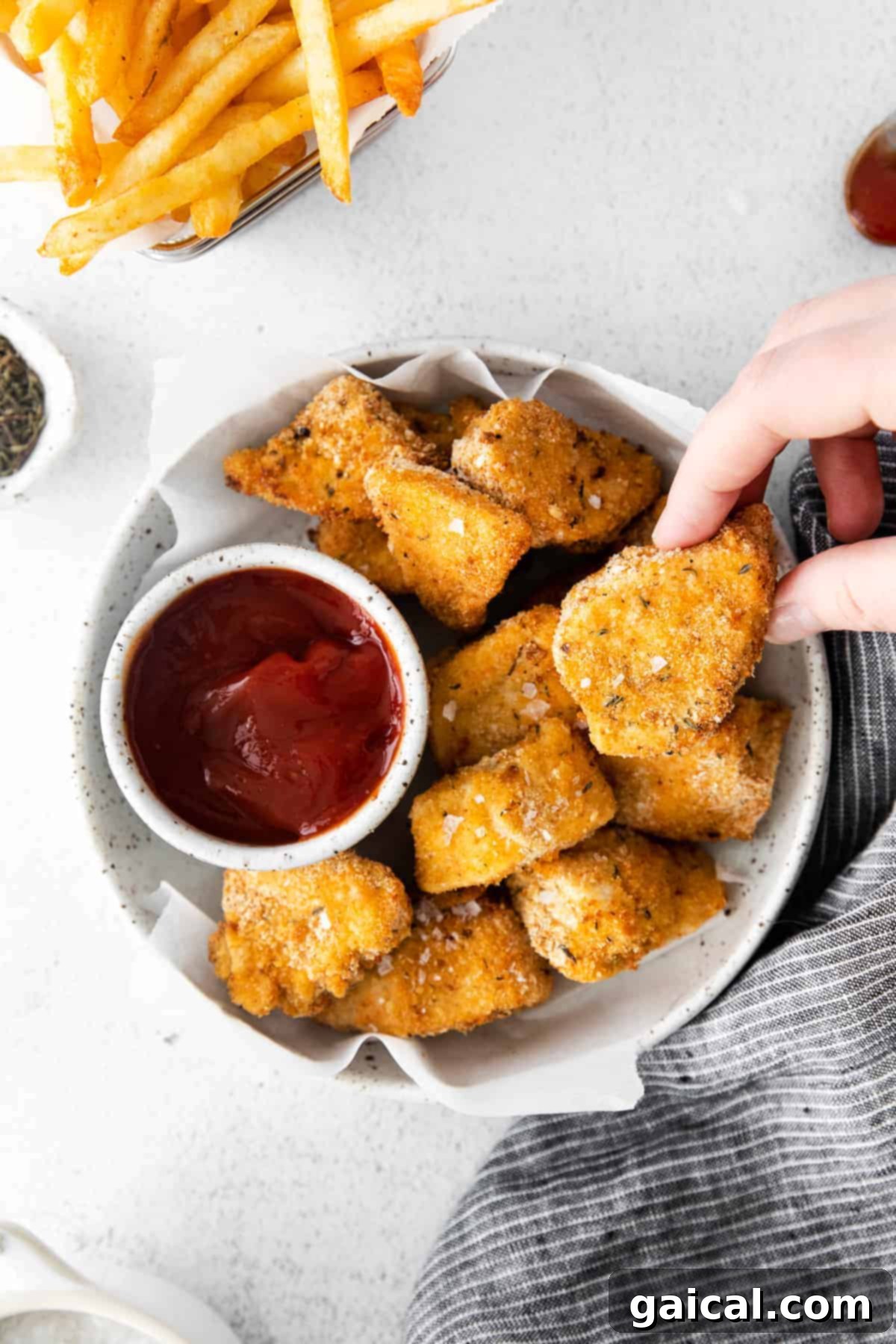 Perfectly Crispy Air Fryer Nuggets 2 Air fryer chicken nuggets with BBQ sauce.