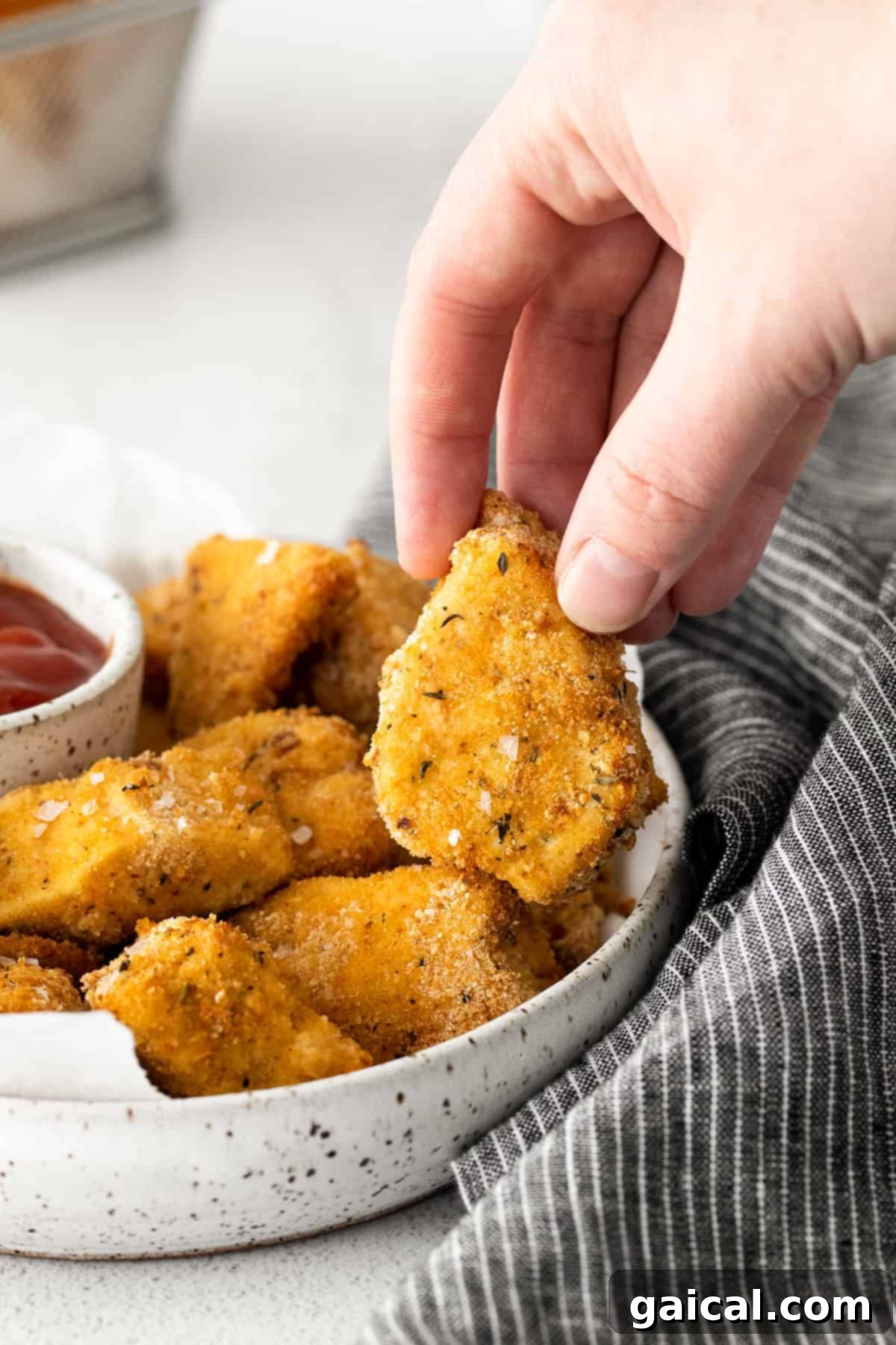 Perfectly Crispy Air Fryer Nuggets 7 A hand holding an air fryer chicken nugget.