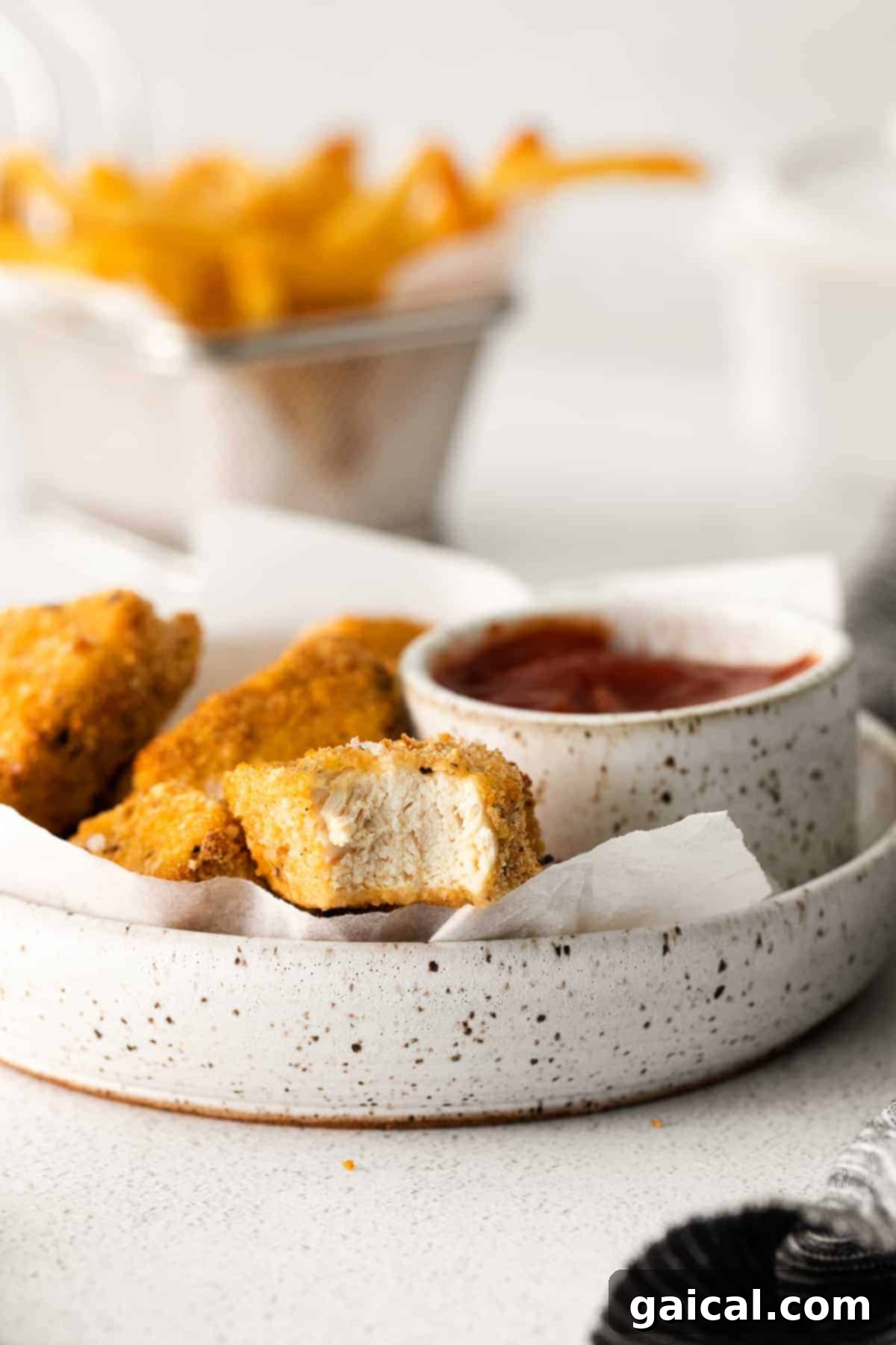 Perfectly Crispy Air Fryer Nuggets 8 Air fryer chicken nuggets on a plate with BBQ sauce!
