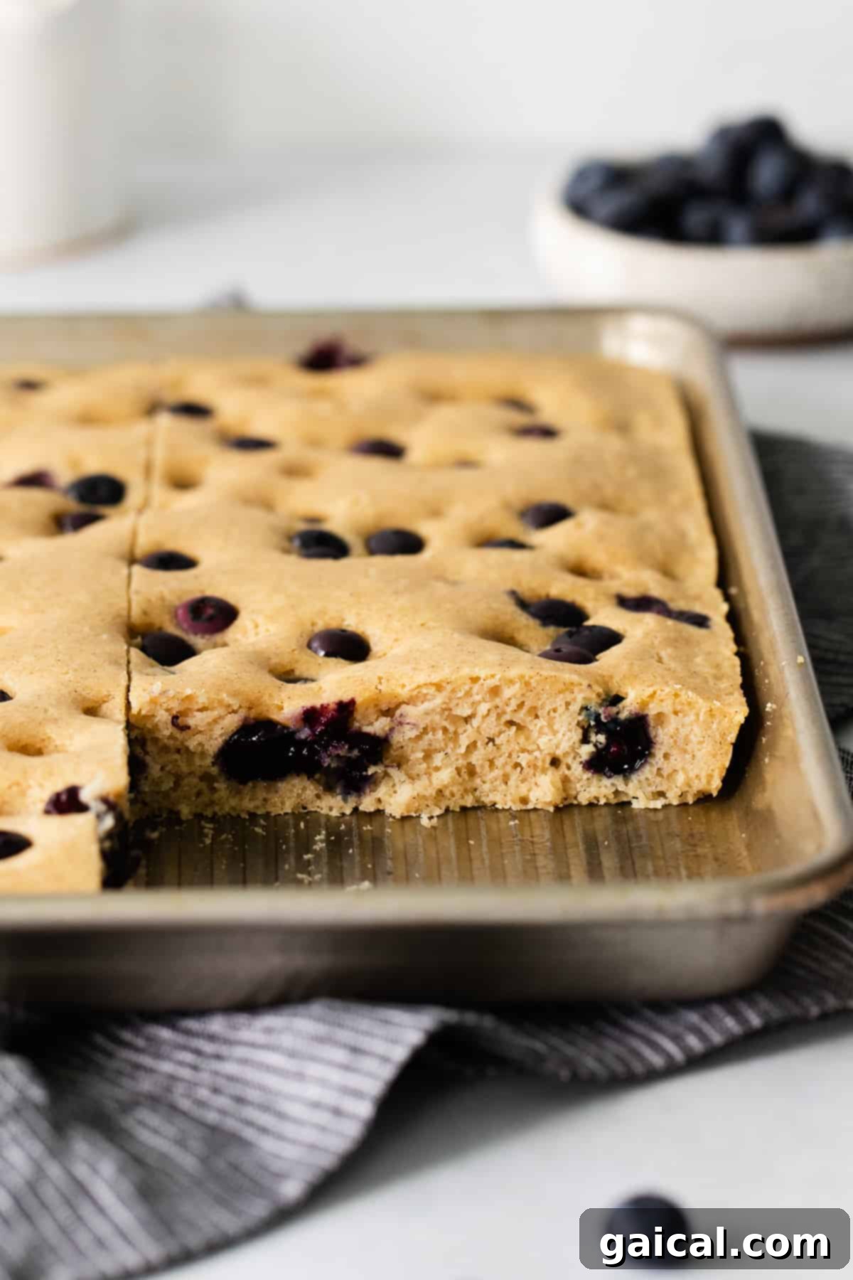 Blueberry Sheet Pan Pancakes A close-up of a large sheet pan pancake covered with fresh blueberries, sliced and ready on a kitchen counter.