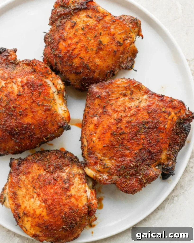 Crispy air fryer chicken thighs on a plate, garnished with fresh herbs