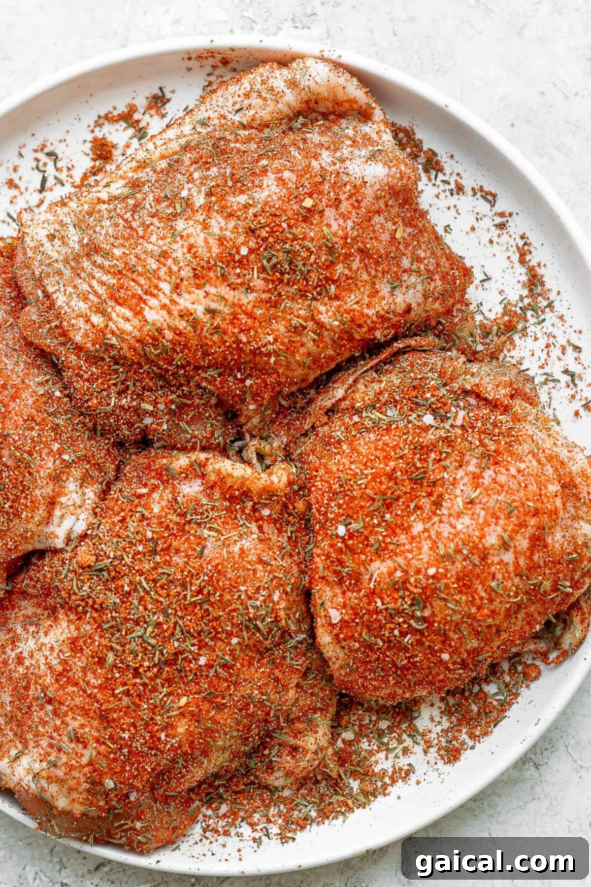 Chicken thighs generously coated with dry rub on a plate