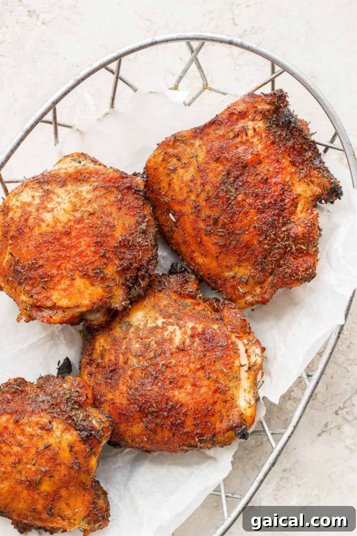 Crispy air fryer chicken thighs perfectly cooked in the air fryer basket