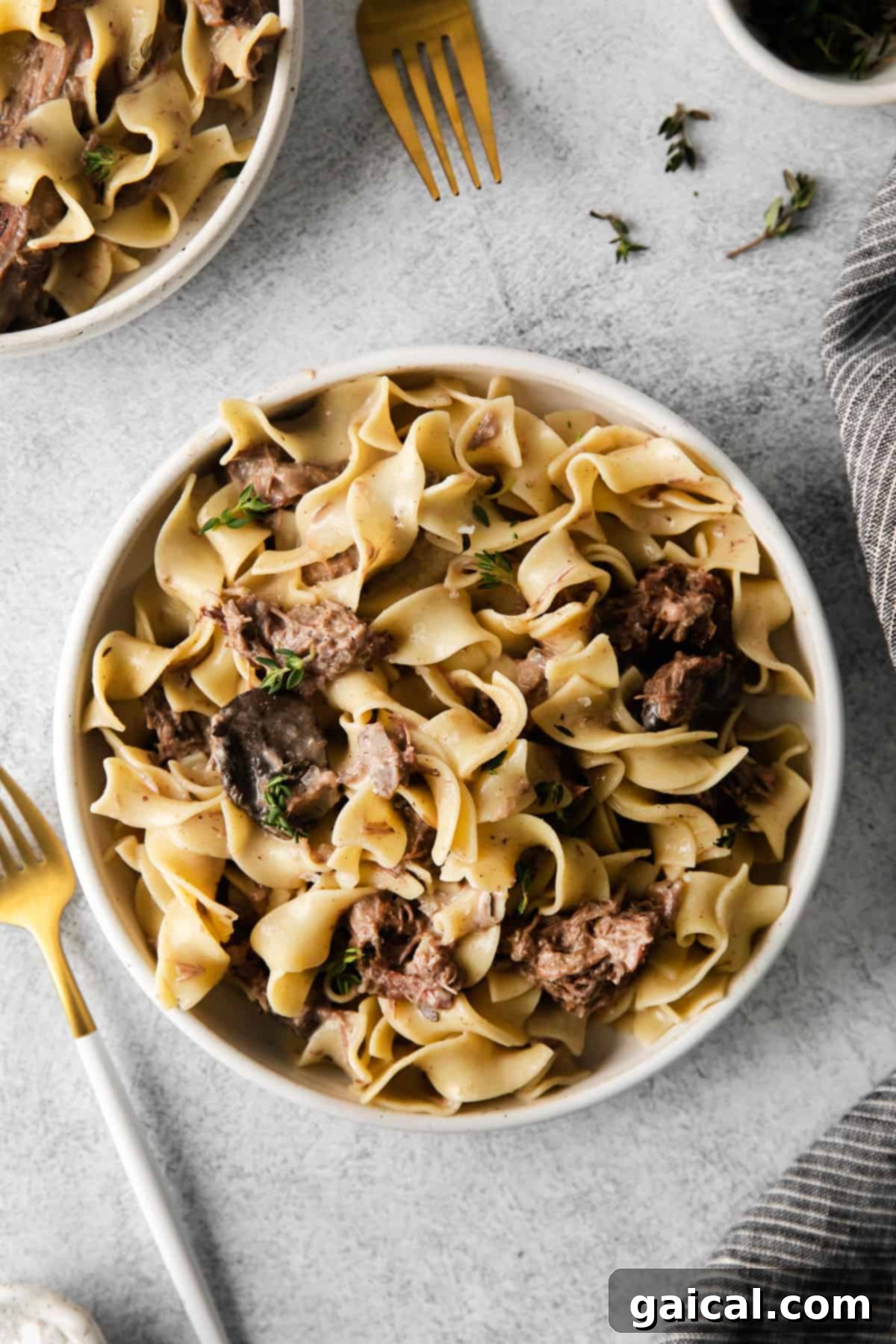 A bowl of delectable slow cooker beef stroganoff, generously ladled over a bed of golden egg noodles, ready to be enjoyed.