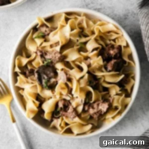 A delicious bowl of slow cooker beef stroganoff, perfectly cooked and ready to serve.