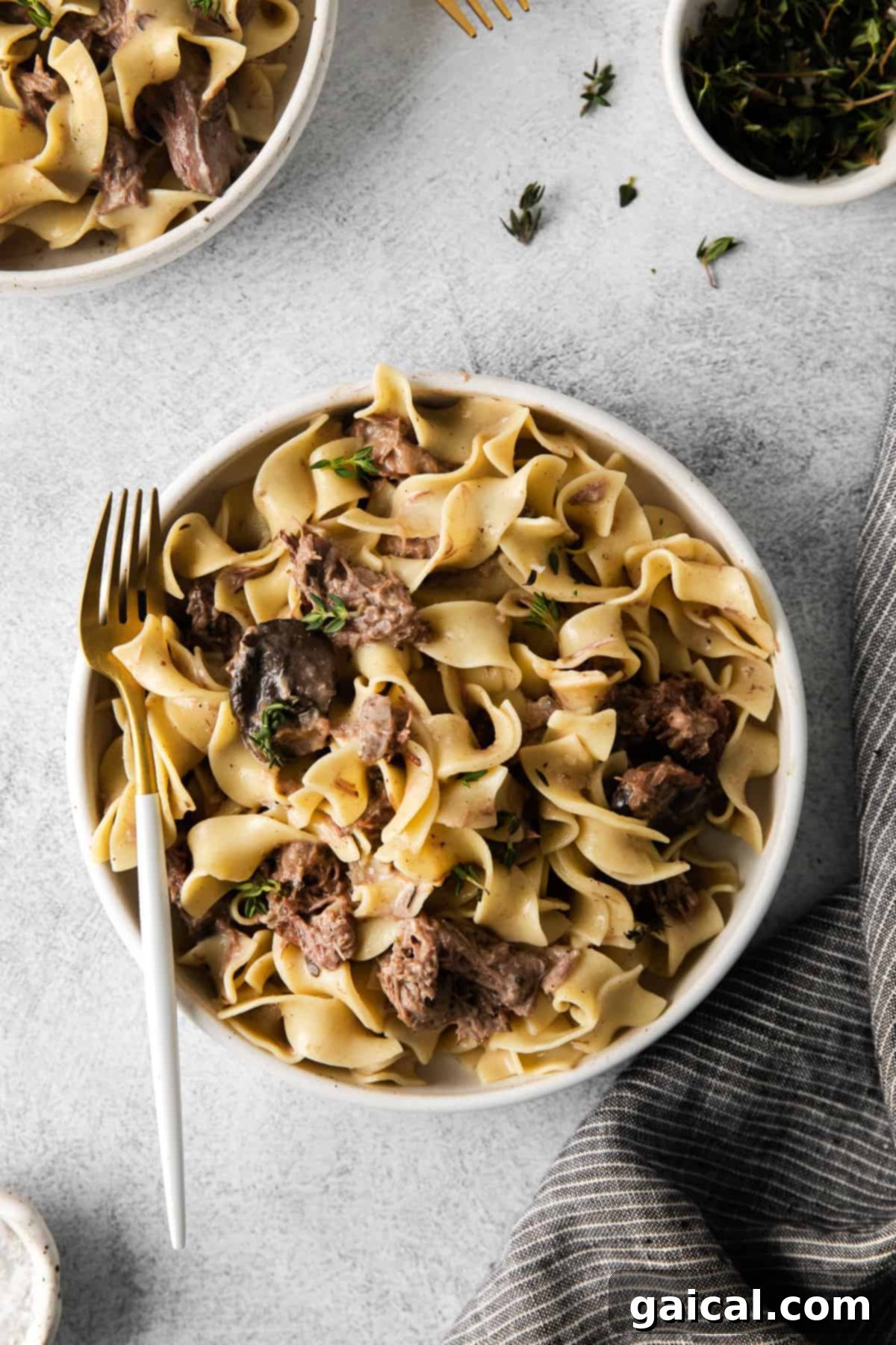 A close-up of a bowl of slow cooker beef stroganoff, perfectly plated with egg noodles, and a fork ready to dig in.