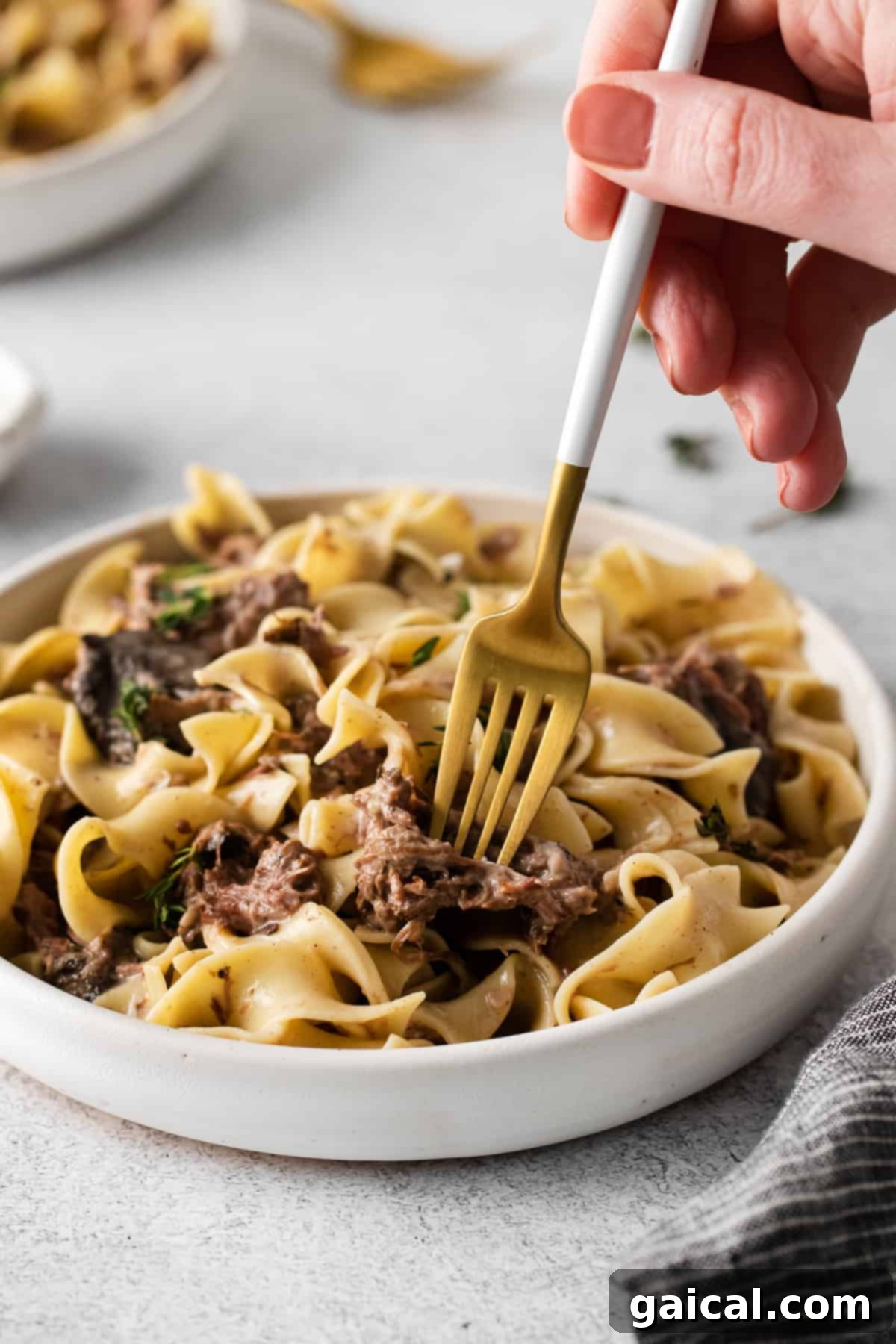 A fork lifts a generous bite of slow cooker beef stroganoff with egg noodles from a bowl, highlighting the creamy sauce and tender beef.