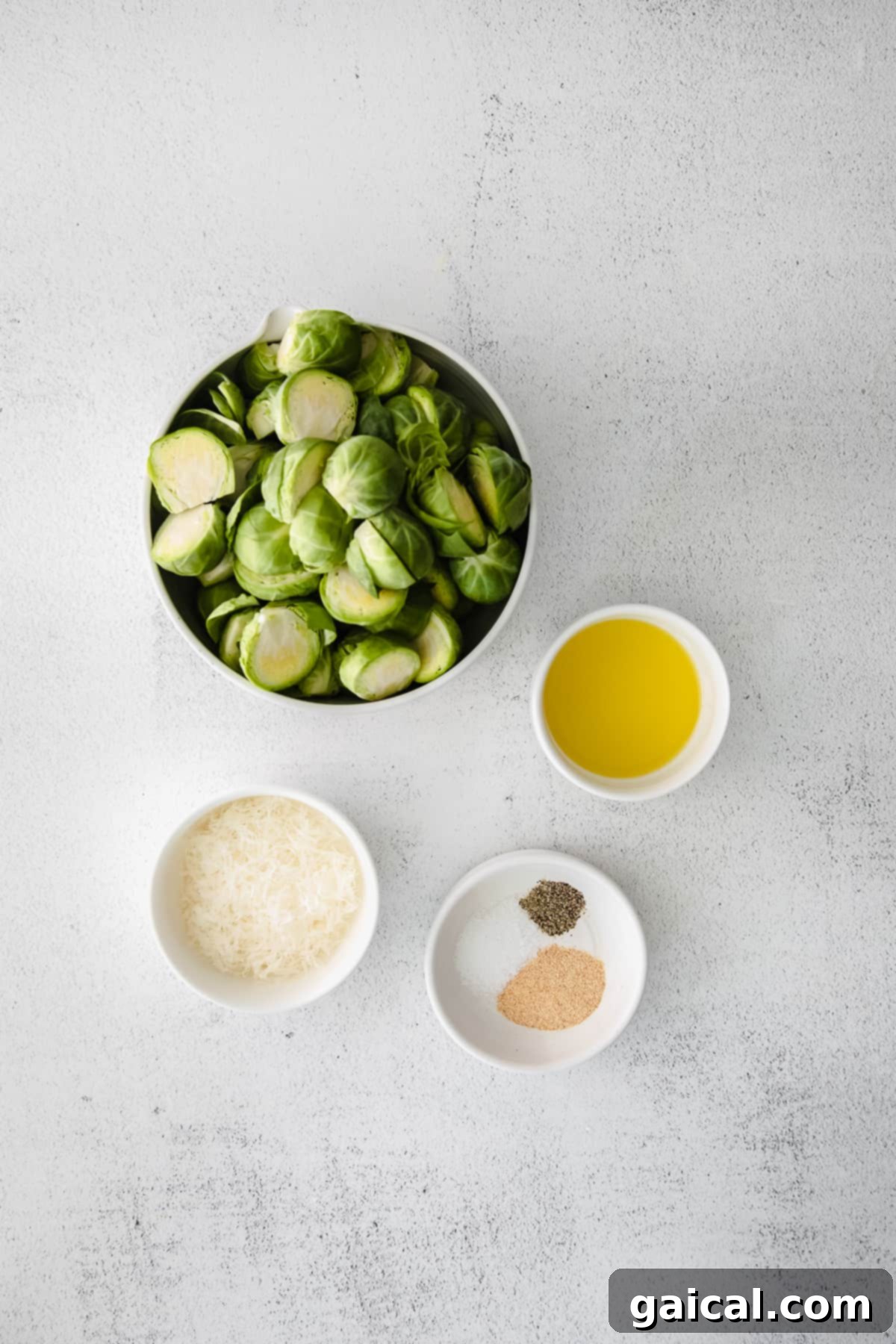 Perfectly Crisp Air-Fried Brussels 3 All the ingredients for air fryer brussel spouts on the counter top.