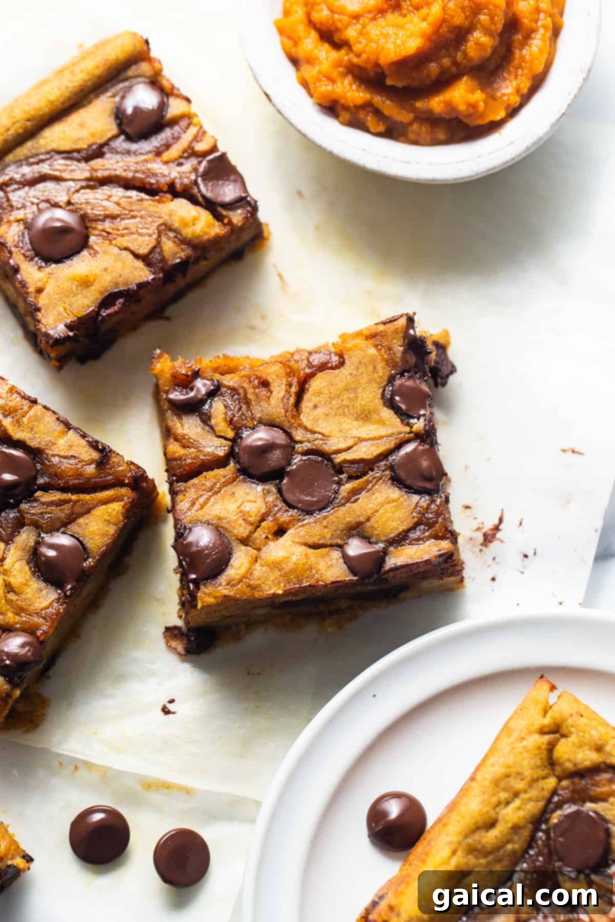 Marbled Brown Sugar Pumpkin Breakfast Cake 6 Chocolate chip cookie bars on a white plate.