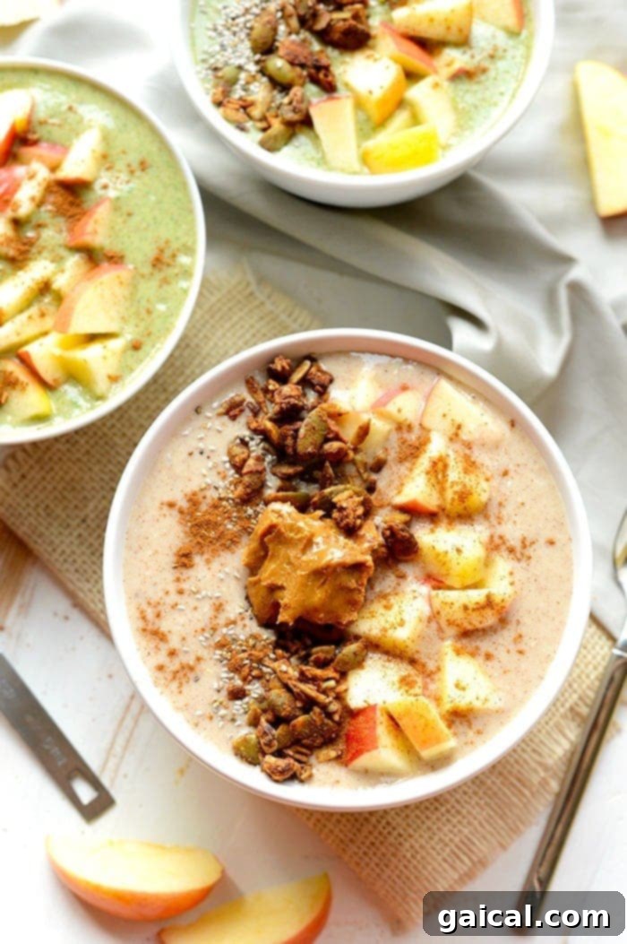A vibrant and inviting apple pie smoothie bowl, ready to be enjoyed as a healthy and flavorful breakfast.