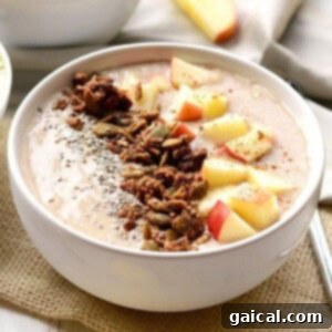 A bowl of thick and creamy apple pie oatmeal, ready to be served and garnished.