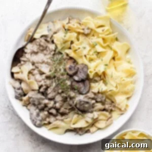 Ground beef stroganoff in a dish