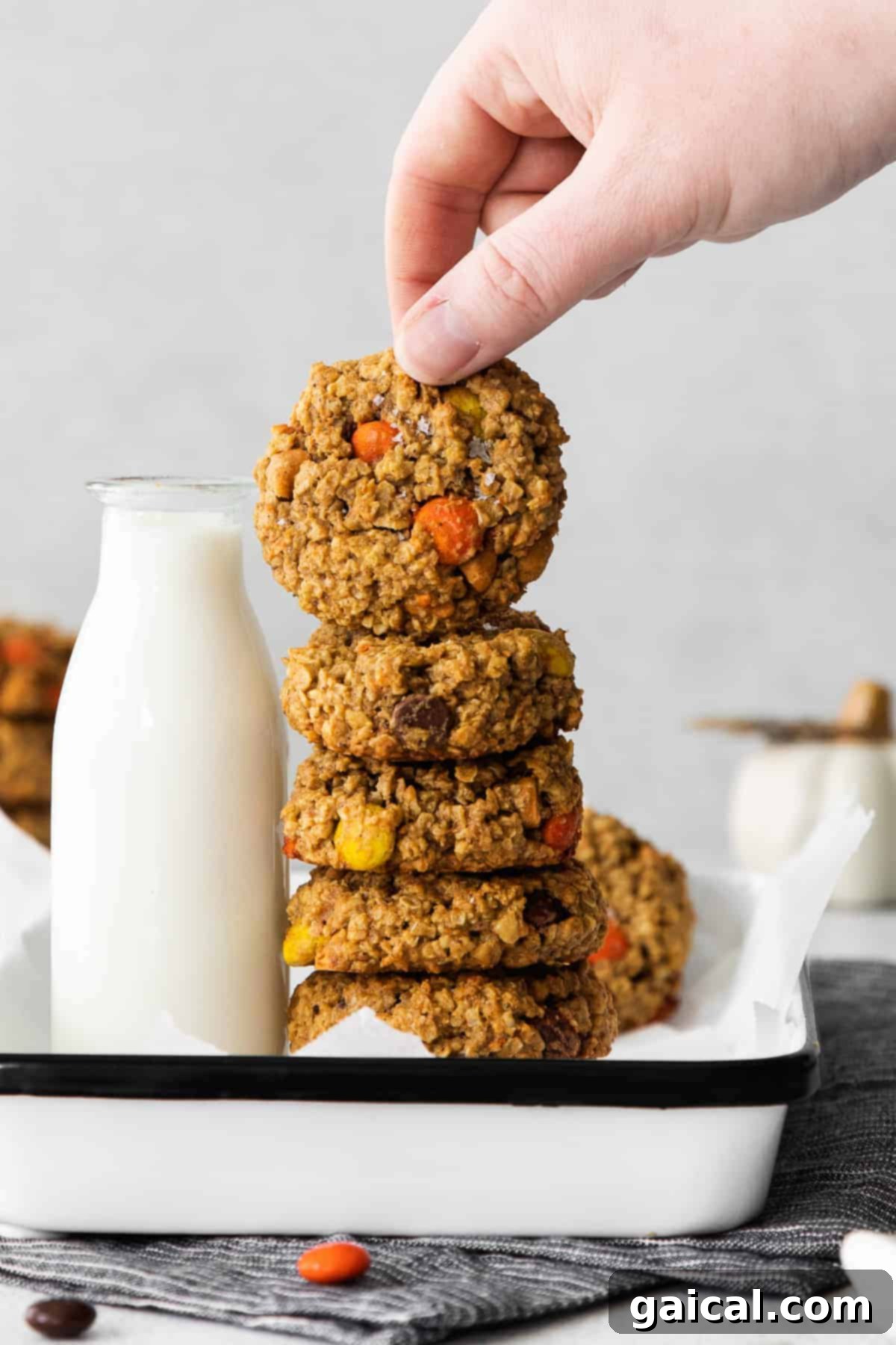The most delicious fall cookies you've ever tasted - Pumpkin Monster Cookies made with pumpkin puree, butterscotch chips, and m&m's. stack of pumpkin monster cookies, a delicious fall cookie recipe