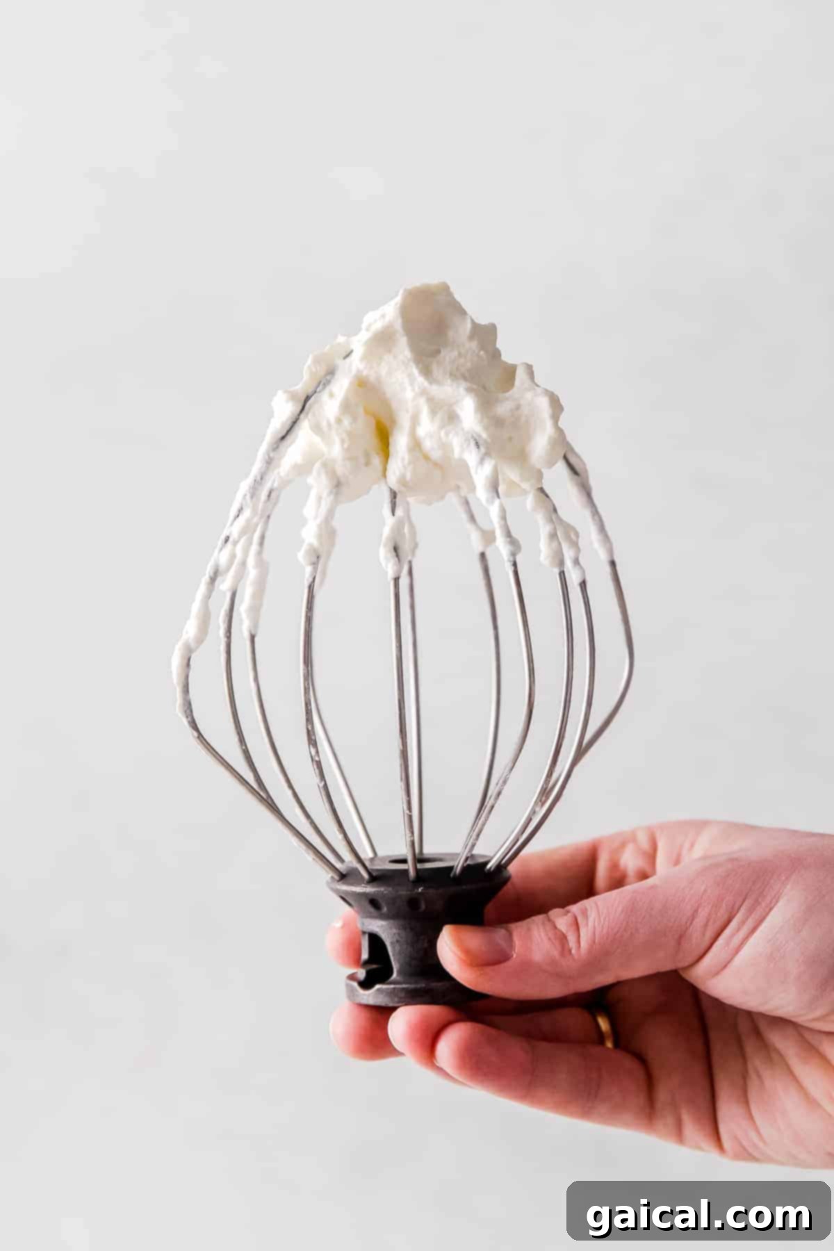 Mastering Whipped Cream from Scratch 4 Whipped cream on a whisk attachment.