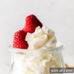 Mastering Whipped Cream from Scratch 7 A glass container filled with whipped cream, topped with two fresh raspberries.