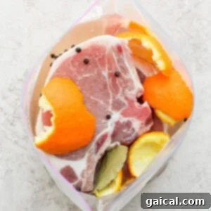 Succulent Baked Pork Chops 3 Pork chops marinating in a clear plastic bag with brine, visibly absorbing flavors for enhanced tenderness.