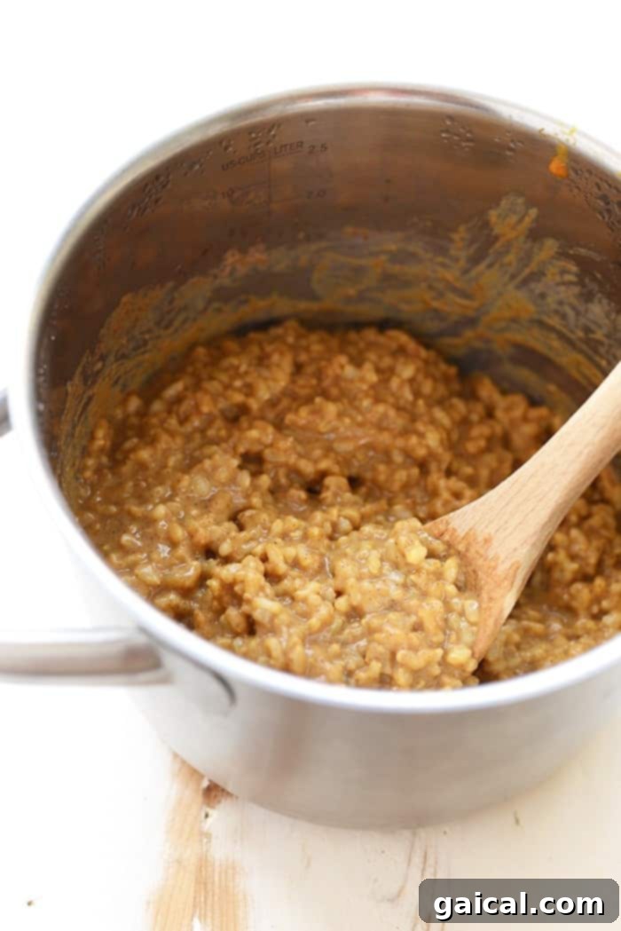 Warm Spiced Pumpkin Rice Pudding 3 A close-up shot of creamy pumpkin spice rice pudding, emphasizing its healthy components like short grain brown rice, almond milk, and organic pumpkin puree.