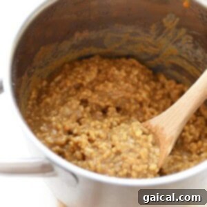 Oatmeal cooked in a pan with a wooden spoon, illustrating the creamy texture of the rice pudding during cooking and stirring.
