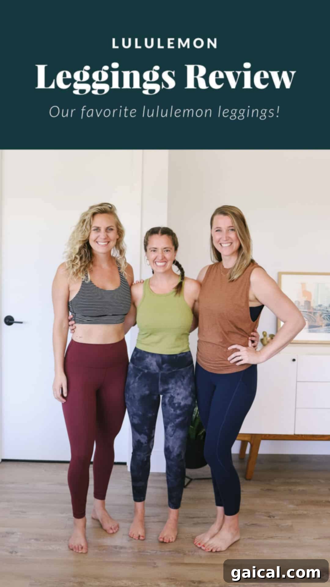 Three women showcasing various styles of Lululemon leggings, highlighting their versatility for workouts and daily fashion.