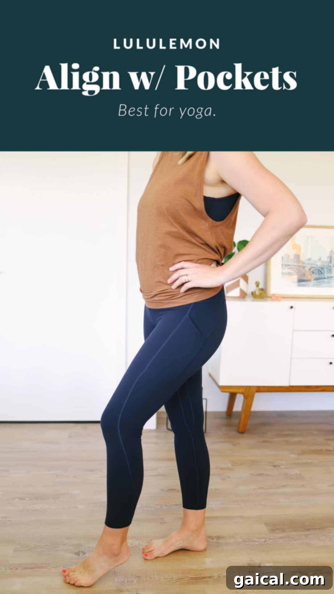 Woman demonstrating the convenience of Lululemon Align leggings with pockets, holding a phone.