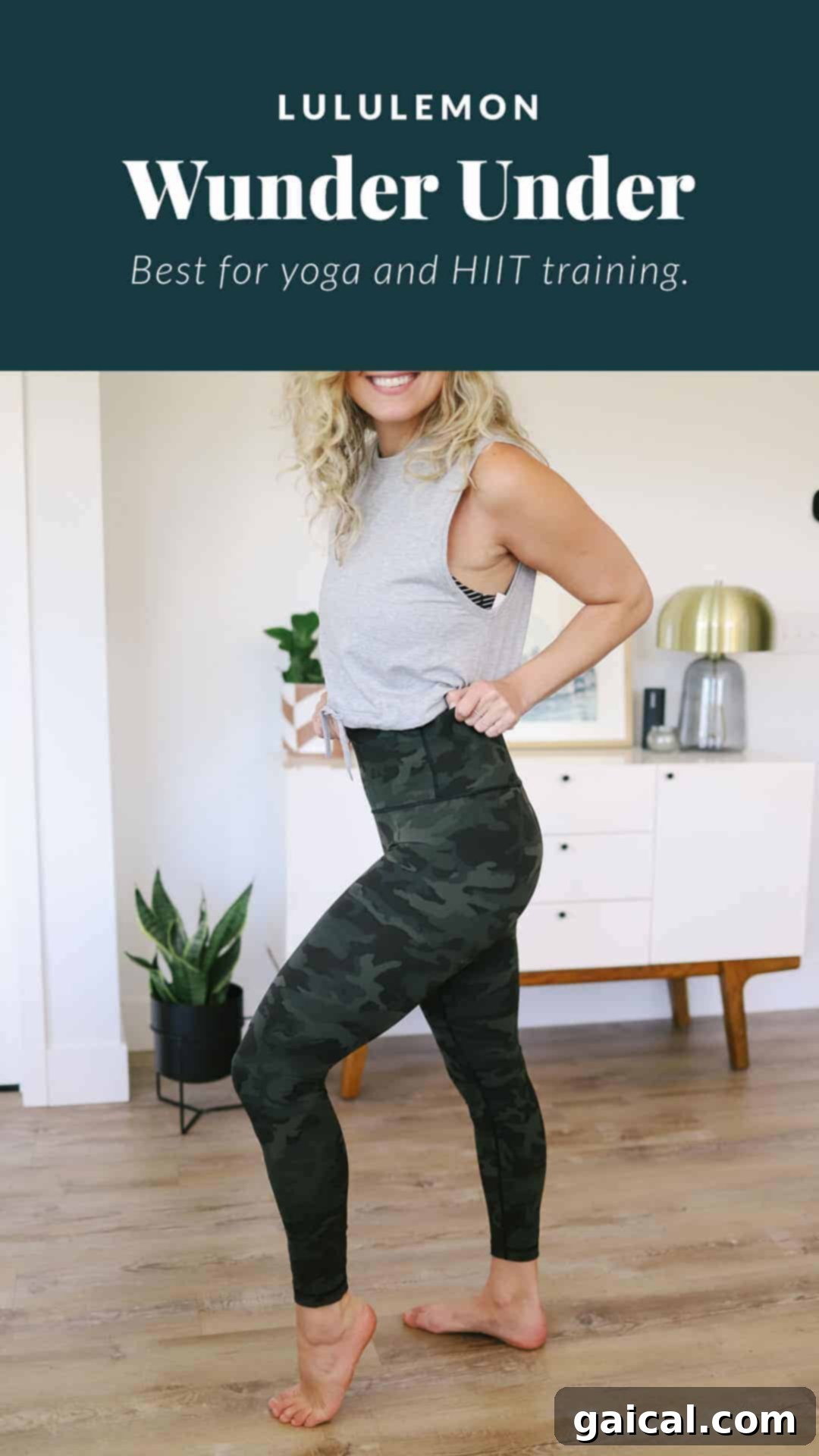 Woman in dynamic pose, highlighting the supportive and comfortable fit of Lululemon Wunder Under leggings during a workout.