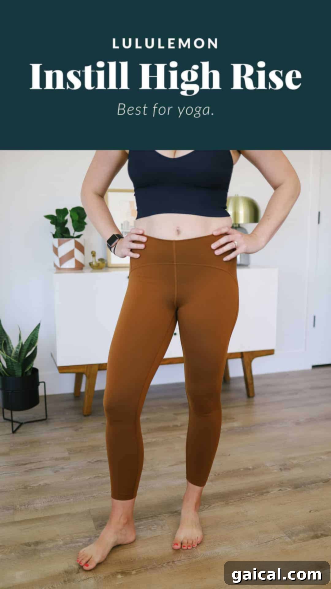 Woman confidently posing in Lululemon Instill leggings, emphasizing their flattering lines and versatility for daily activities.