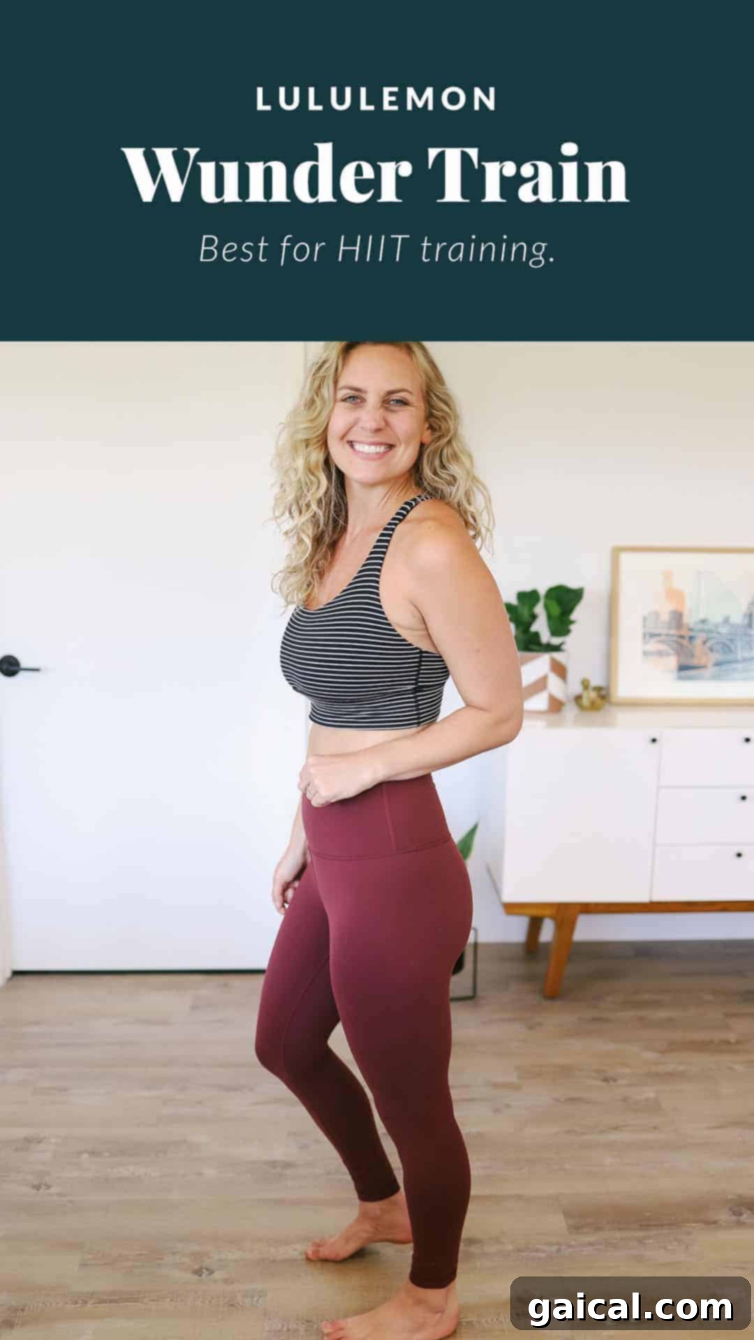 Woman performing a dynamic exercise, showcasing the supportive fit of Lululemon Wunder Train leggings and a sports bra.