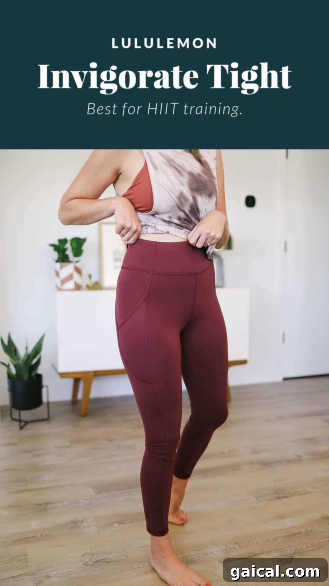 Woman running outdoors, wearing Lululemon Invigorate leggings with visible side pockets and a tie-dye tank top.
