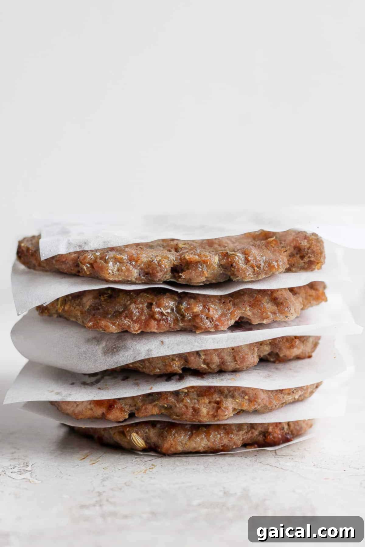 Stack of cooked breakfast sausages with parchment paper in between for freezing.