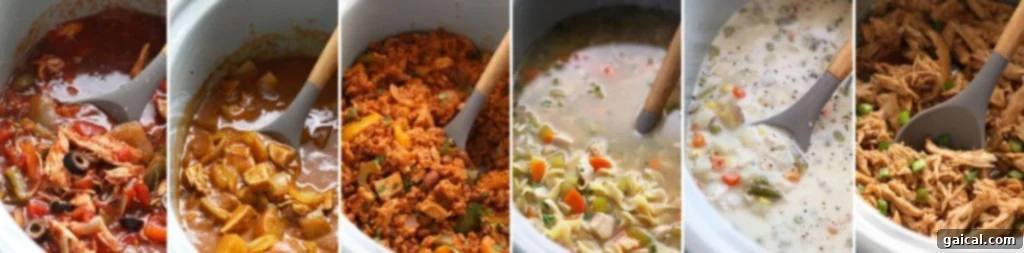 Soul-Warming Slow Cooker Chicken and Dumplings 8 A collage of various crockpot chicken recipes, including stews and casseroles.