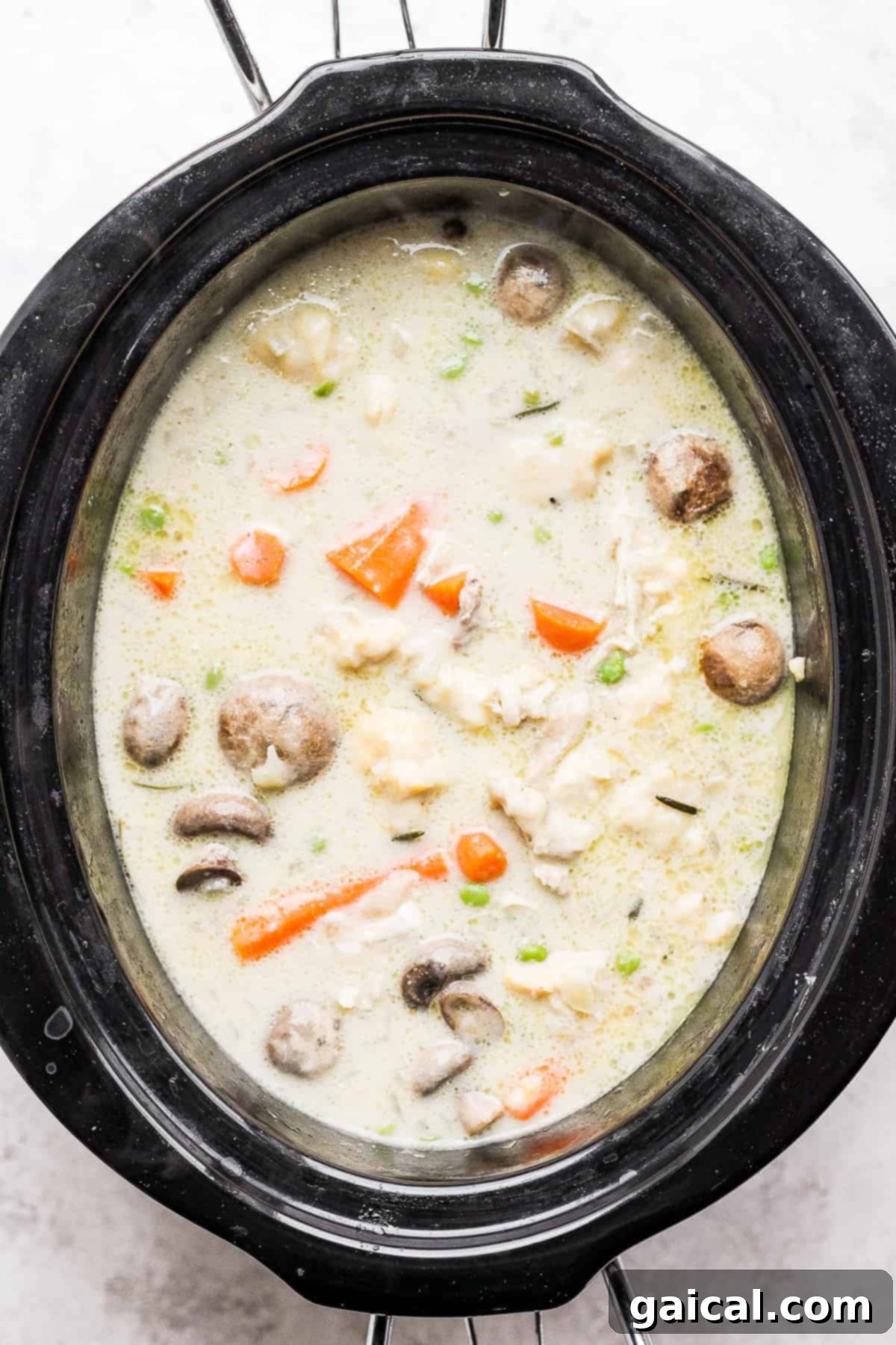 Soul-Warming Slow Cooker Chicken and Dumplings 9 Slow cooker chicken and dumplings, rich with protein and vibrant vegetables, simmering in the pot.
